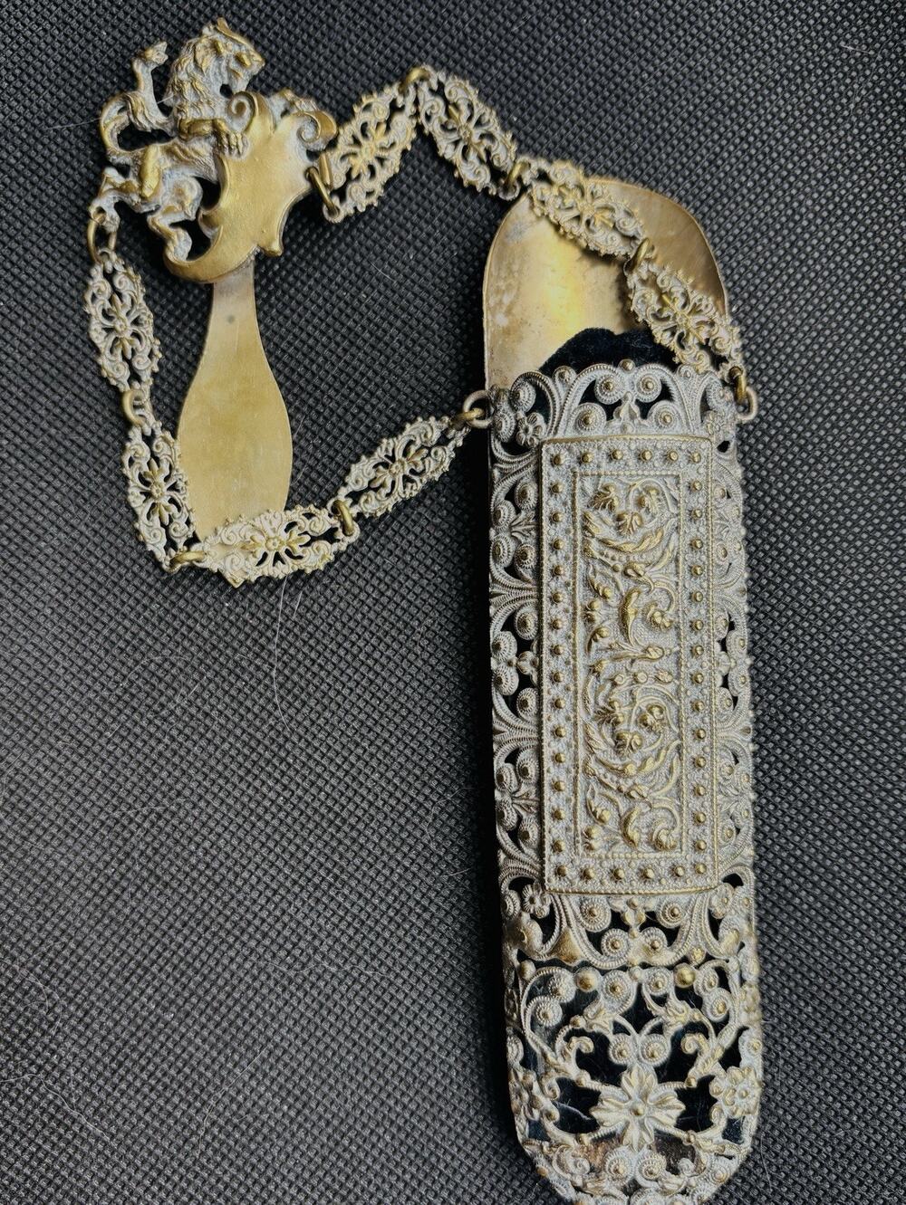 Antique Continental Filigree Lion Victorian Glass Chatelaine Case For Spectacles
